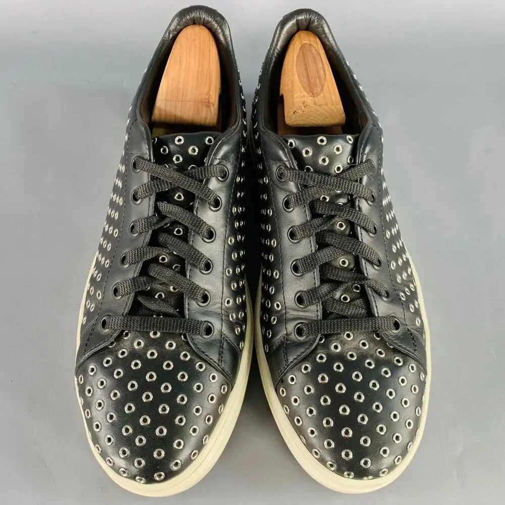 ALAIA Size 8 Black Silver Grommets Leather Lace-Up Low Top Sneakers - Picture 4 of 8